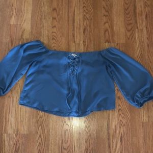 off the shoulder blue blouse with strappy front